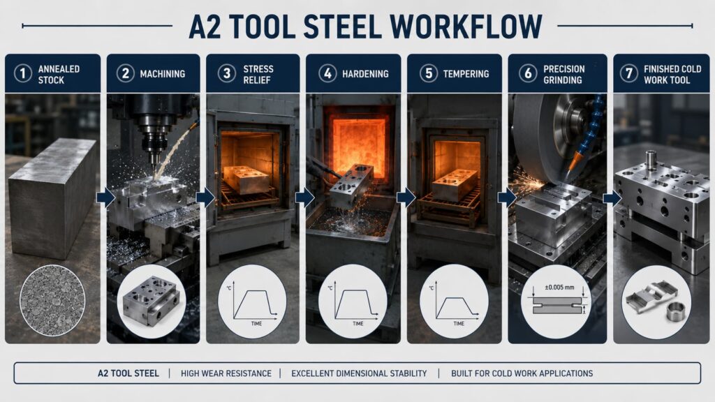 A2 tool steel workflow showing annealed stock, machining, stress relief, hardening, tempering, precision grinding, and finished cold work tool