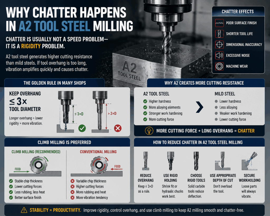 A2 Tool Steel milling chatter analysis infographic explaining vibration causes, tool overhang limits, and stability improvement using climb milling and rigid setups