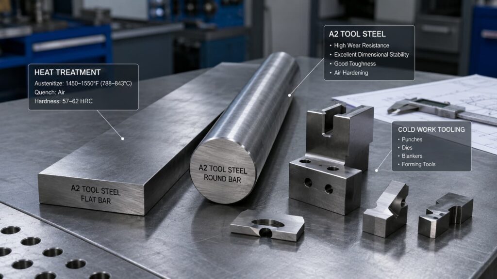 A2 tool steel flat bar, round bar, and machined tool inserts showing properties, heat treatment, and cold work tooling applications