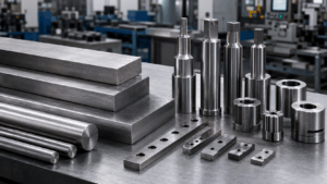 A2 tool steel flat bars, round bars, and precision machined tooling parts on an industrial workbench