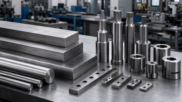 A2 tool steel flat bars, round bars, and precision machined tooling parts on an industrial workbench