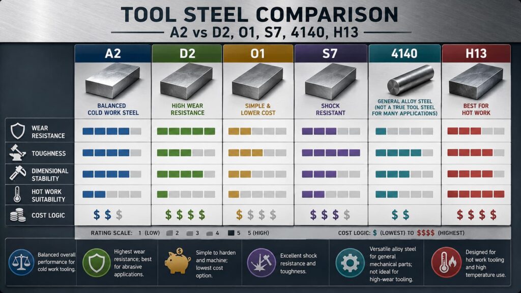 A2 tool steel comparison chart showing D2, O1, S7, 4140, and H13 differences in wear resistance, toughness, dimensional stability, hot work suitability, and cost