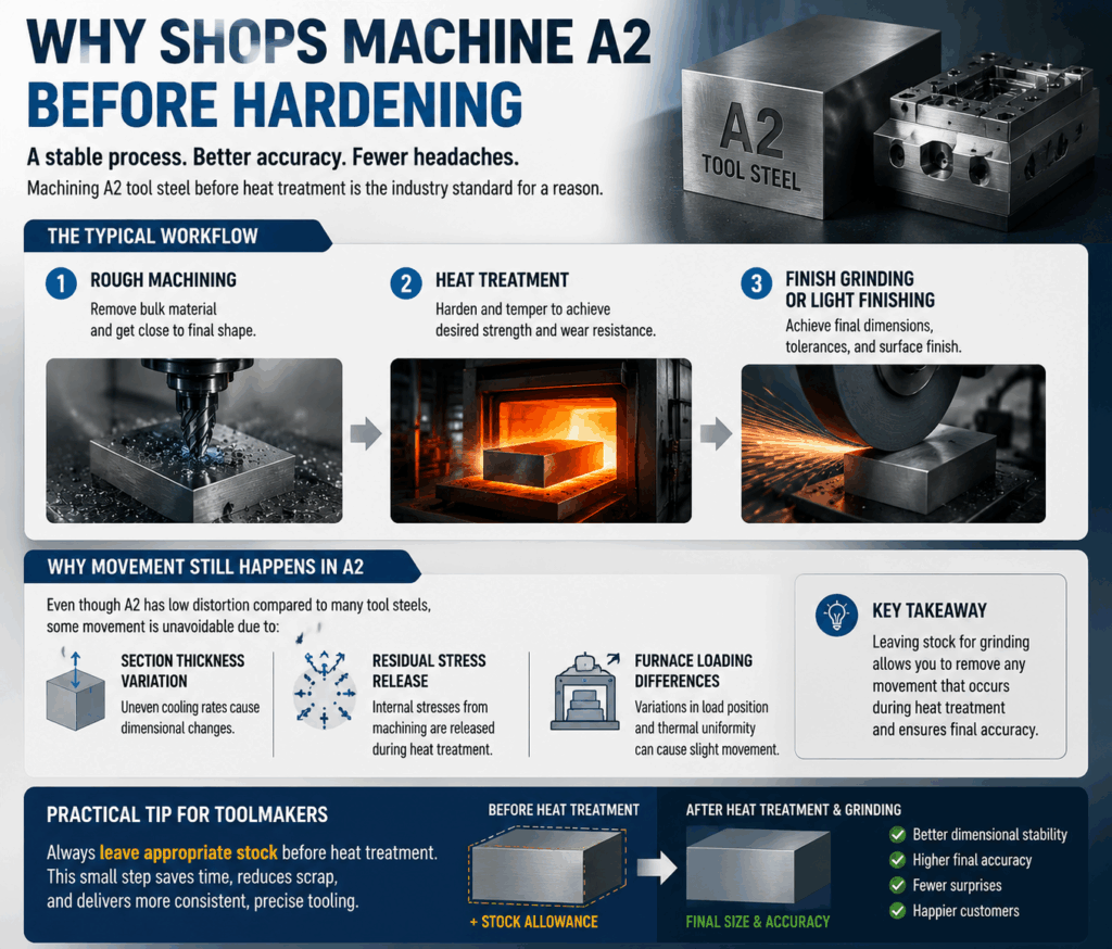 A2 Tool Steel machining workflow infographic explaining why rough machining before heat treatment improves dimensional stability and reduces distortion in CNC manufacturing