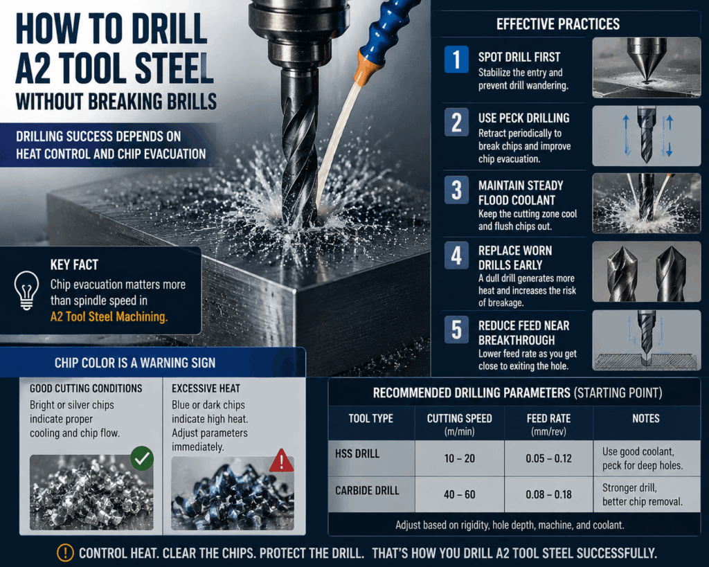 A2 Tool Steel drilling guide infographic showing best practices including spot drilling, peck drilling, coolant control and chip evacuation for CNC machining stability