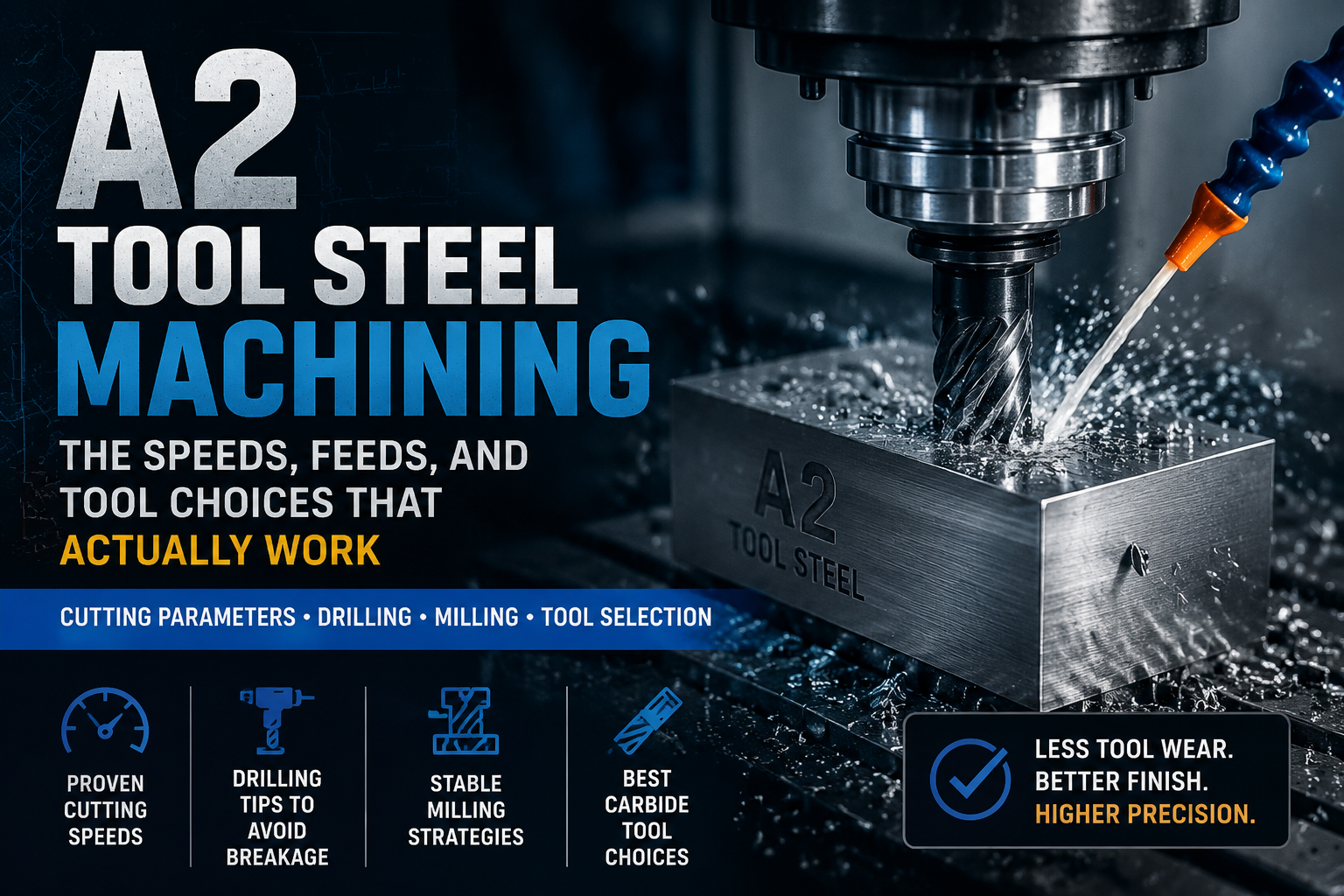 A2 tool steel machining process showing CNC milling with carbide end mill, cutting parameters and tool selection guide for industrial manufacturing