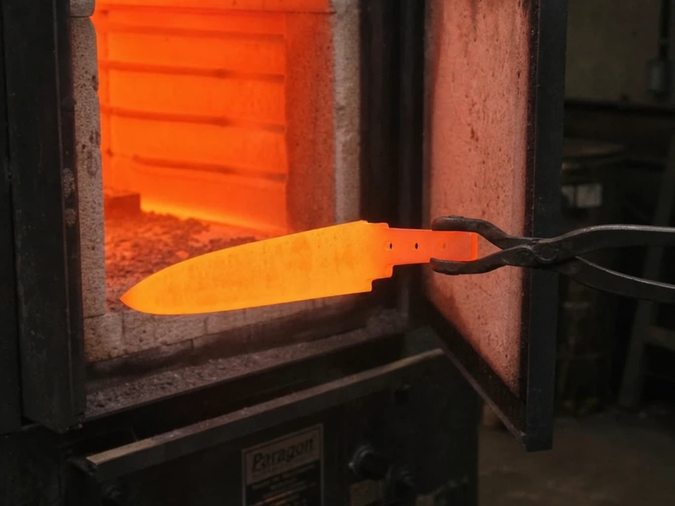 A glowing, red-hot steel knife blade blank being held by tongs after being removed from a Paragon heat treatment forging furnace.