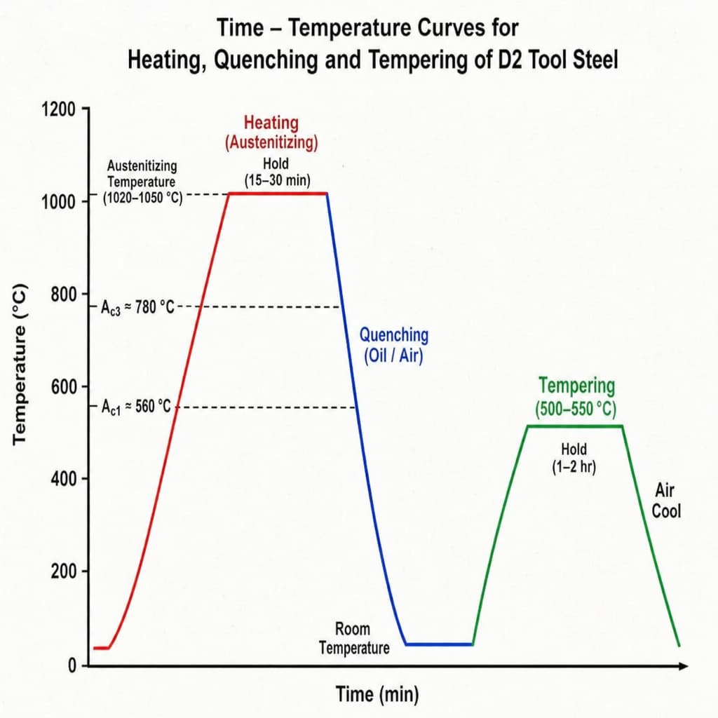 A technical chart showing the time-temperature curves for heating, austenitizing, quenching, and tempering of D2 tool steel, detailing temperatures like austenitizing at 1020-1050°C and tempering at 500-550°C.