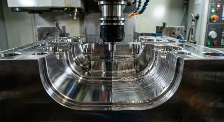 Side-by-side comparison of P20 mold steel cavity finish: the left side shows a smooth, high-quality surface from a stable toolpath, while the right side displays visible chatter marks and vibration defects from unstable CNC milling.