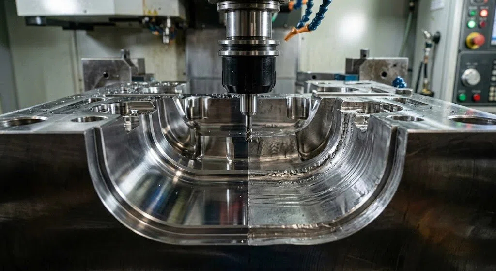 Side-by-side comparison of P20 mold steel cavity finish: the left side shows a smooth, high-quality surface from a stable toolpath, while the right side displays visible chatter marks and vibration defects from unstable CNC milling.
