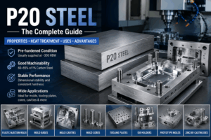 P20 steel cover image showing steel plates, plastic injection mold cavities, pre-hardened condition, machinability, heat treatment, and mold making applications