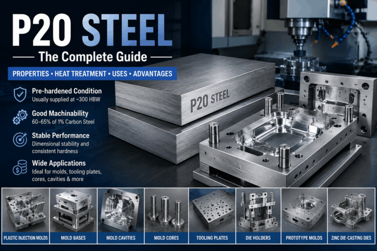 P20 steel cover image showing steel plates, plastic injection mold cavities, pre-hardened condition, machinability, heat treatment, and mold making applications