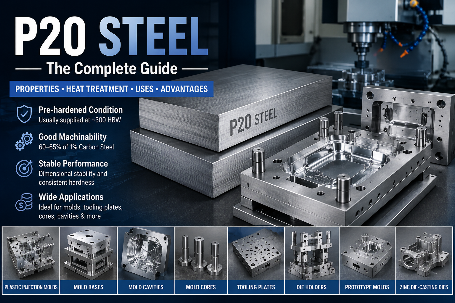 P20 steel cover image showing steel plates, plastic injection mold cavities, pre-hardened condition, machinability, heat treatment, and mold making applications