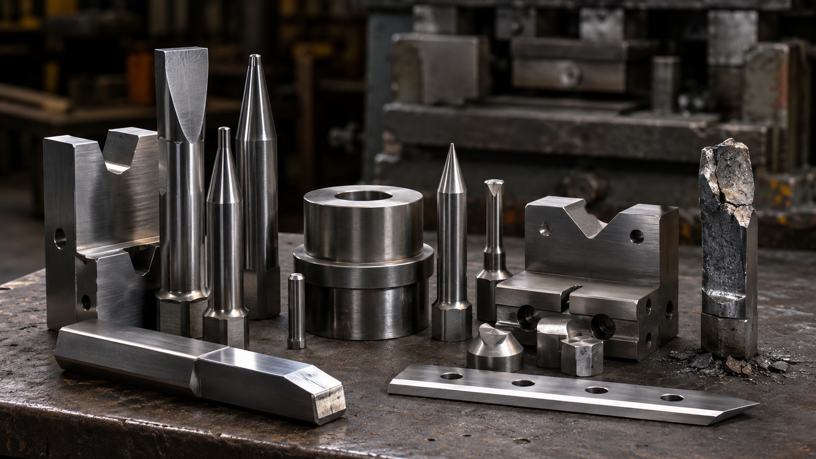S7 tool steel impact tools including punches, chisels, dies, shear blades, and a chipped tool edge showing why toughness and chipping resistance matter