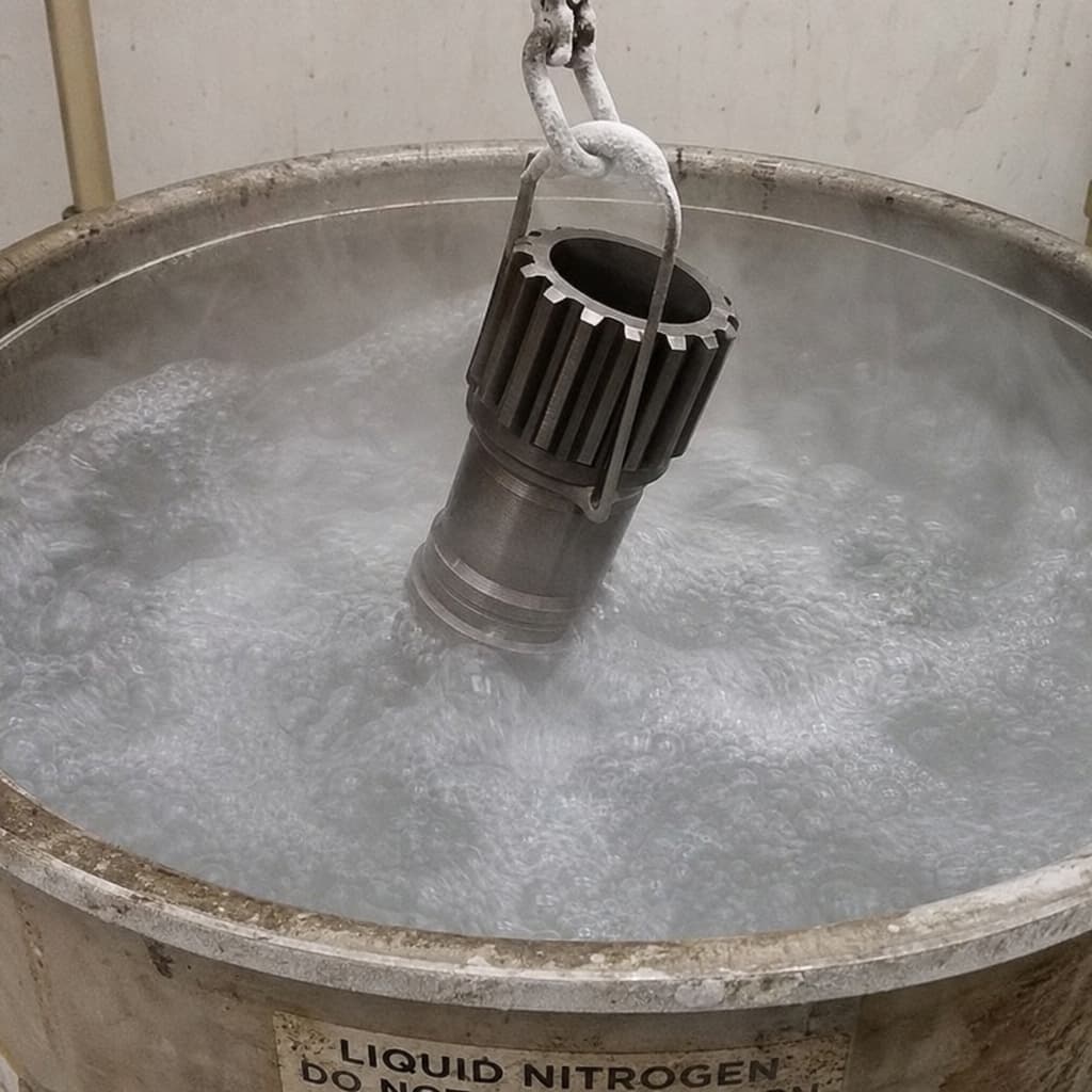 An industrial steel gear shaft component undergoing deep cryogenic treatment in a liquid nitrogen tank to enhance hardness and wear resistance.