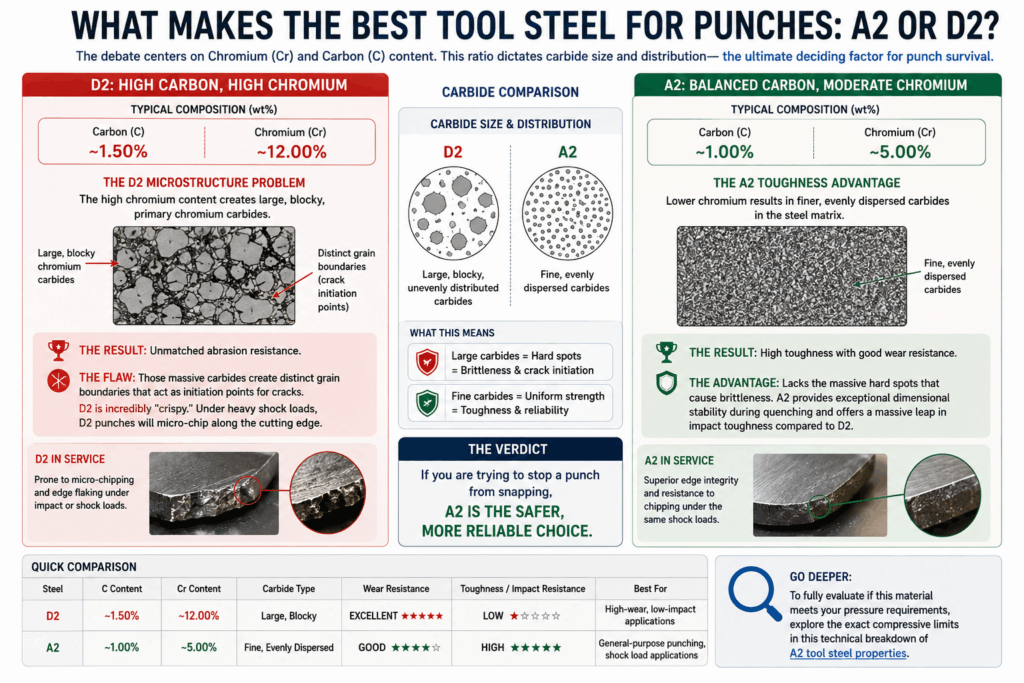 Metallurgical diagram comparing A2 vs D2 tool steel for punches, highlighting carbide size, microstructure distribution, and toughness comparison.