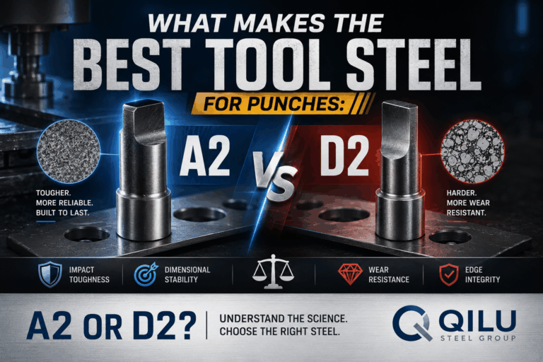 A2 vs D2 tool steel comparison banner for punches, illustrating microstructures, impact toughness, wear resistance, and edge integrity by Qilu Steel Group.