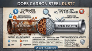 Does carbon steel rust B2B engineering guide infographic comparing rusted carbon steel pipe and corrosion-resistant stainless steel with chemical formulas and prevention methods.