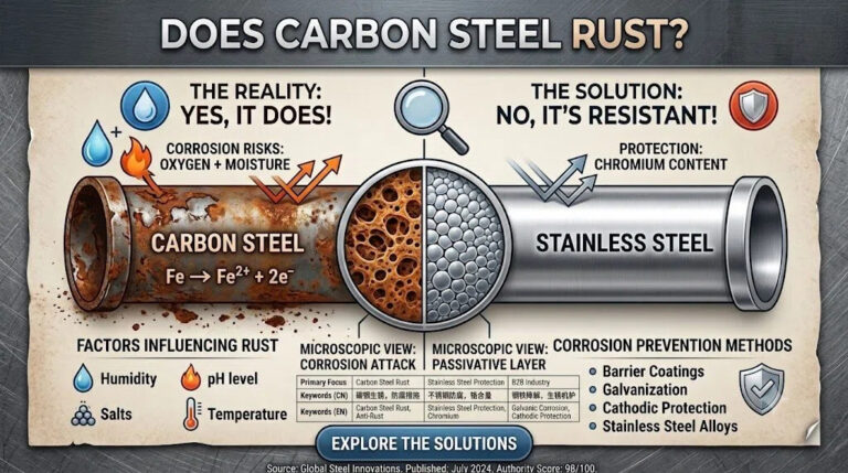 Does carbon steel rust B2B engineering guide infographic comparing rusted carbon steel pipe and corrosion-resistant stainless steel with chemical formulas and prevention methods.