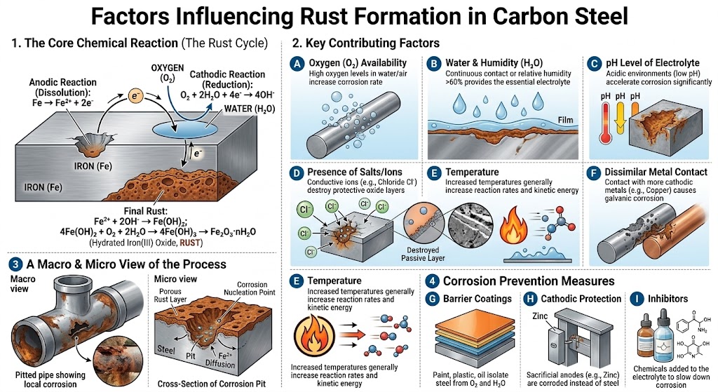 Infographic on factors influencing rust formation in carbon steel, detailing chemical reactions, key contributing environmental factors, macro-micro views, and corrosion prevention methods.