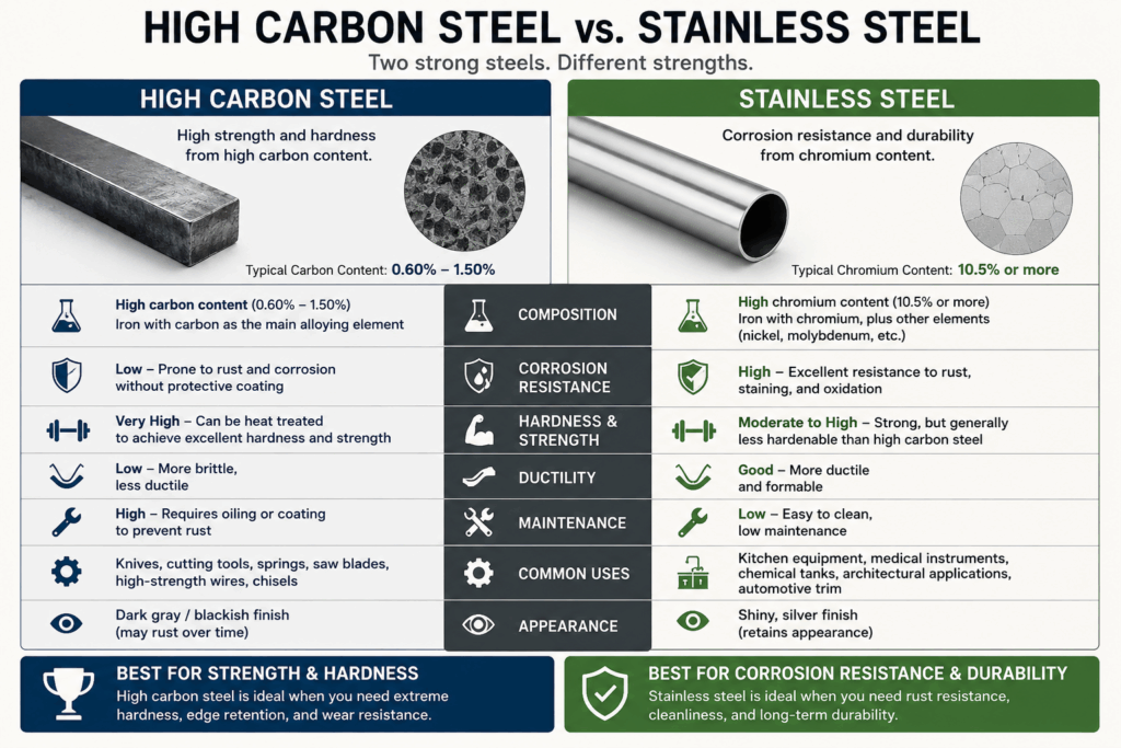High carbon steel vs stainless steel comparison chart highlighting differences in composition, corrosion resistance, hardness, and common uses.