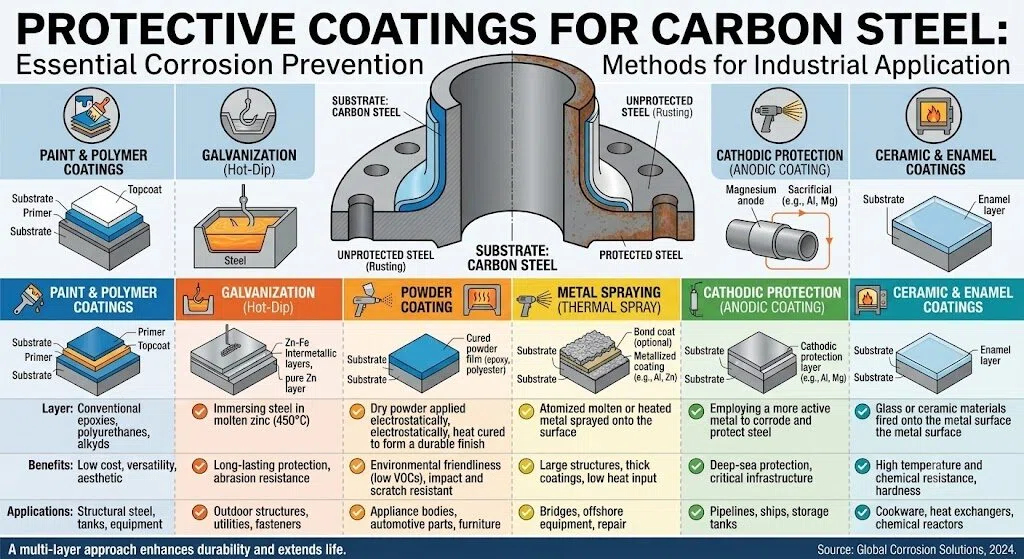 Industrial guide for carbon steel protective coatings comparing paint, galvanization, powder coating, thermal spray, cathodic protection, and ceramic enamel.
