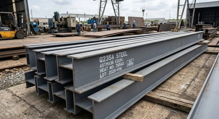 Stack of Q235A steel I-beams, verified as ASTM A36 equivalent, stored in an industrial fabrication yard. The foreground beam shows legible stenciled data: Q235A STEEL, ASTM A36 EQUIV., HEAT NO: 76543, LOT: 2026-F14, and the QILU FORGING logo. Background shows forklift and workers.