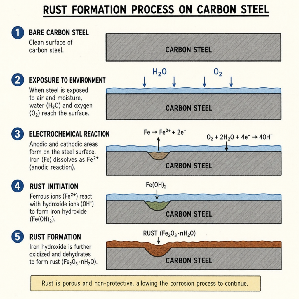 Infographic showing the 5 steps of rust formation process on carbon steel with electrochemical reactions