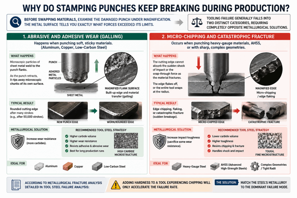 Infographic diagram analyzing stamping punch failure modes, comparing abrasive/adhesive wear with micro-chipping and catastrophic fracture in tool steel.