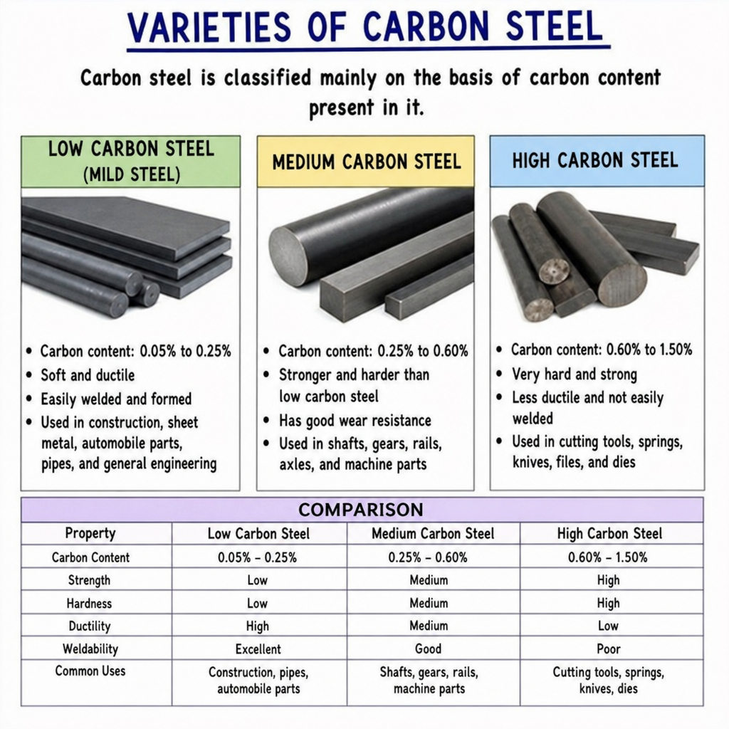 Varieties of carbon steel chart comparing low, medium, and high carbon steel properties and uses